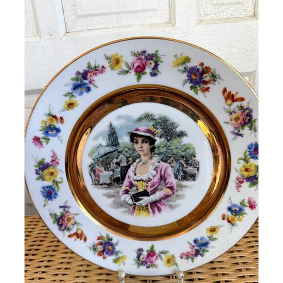Vintage 50's Portrait Plate Victorian Woman Floral Gold Trim 10.5" - Picture 6 of 12